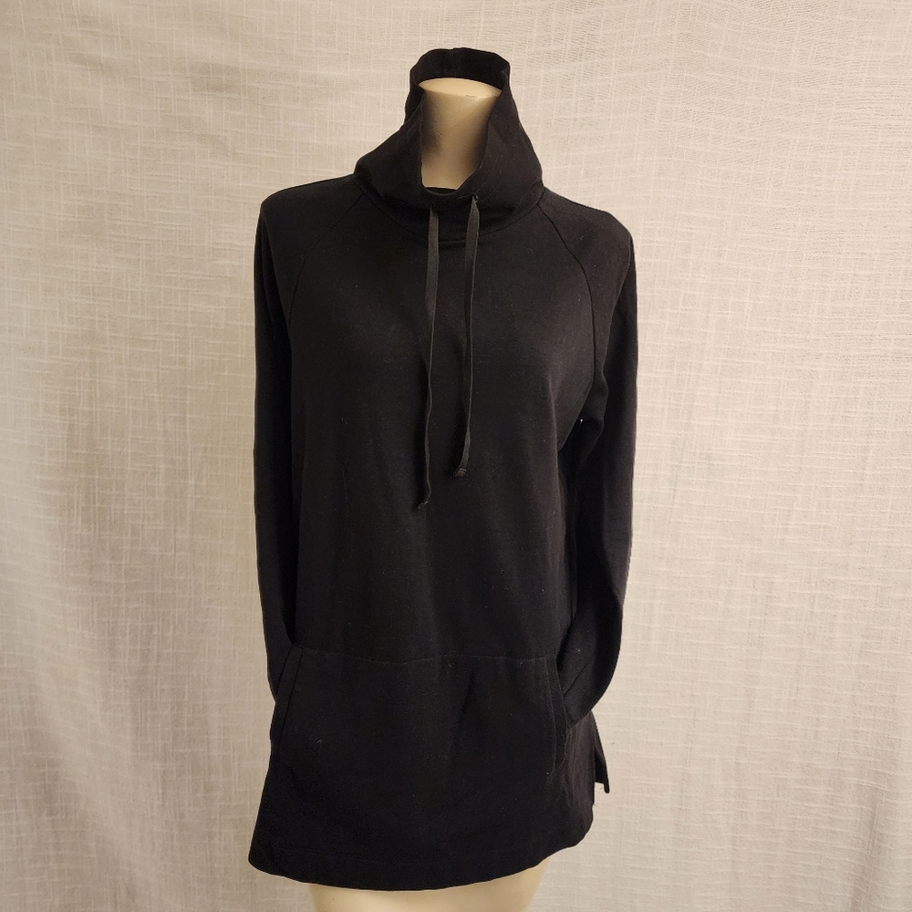 Comtemporaine W M Blk Cotton Althleisure L/S Hoodie Style Turtleneck Tunic A387